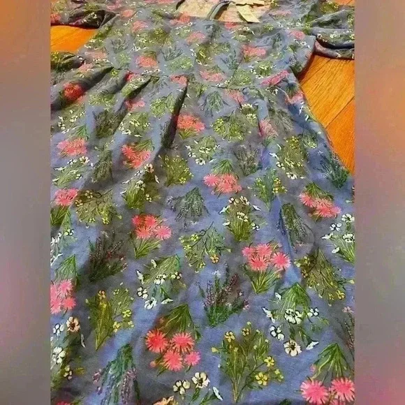 LOFT Blue Floral Babydoll Mini Dress Puff Sleeve Women’s Size 8 Linen Blend NWT - Picture 2 of 12
